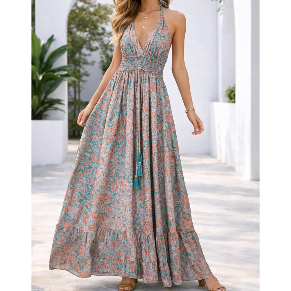 Floral Halter Maxi Dress in Coral & Teal